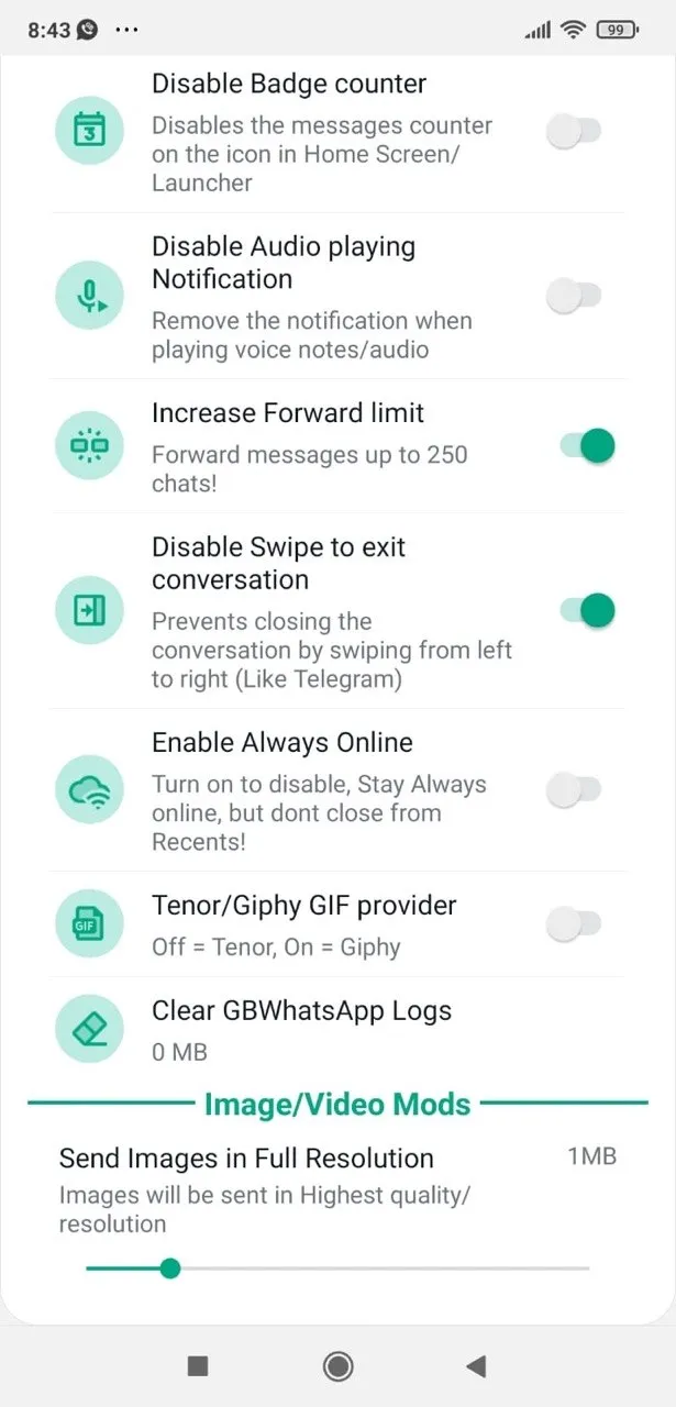 Advanced Settings — Forward to 250 chats, Always Online, full-resolution image sending.